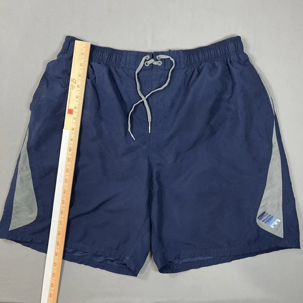 Vintage‎ Nike Swim Shorts Mens 2XL Blue Gray Spell Out Logo Athletic Trunks Y2K